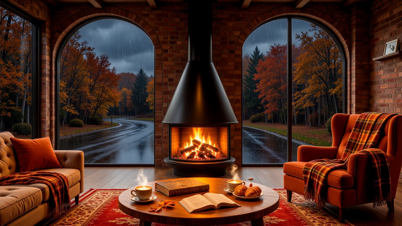 rainyjazznook,  - Main Subject: A central red-brick fireplace featuring a prominent matte-black conical metal chimney. The...