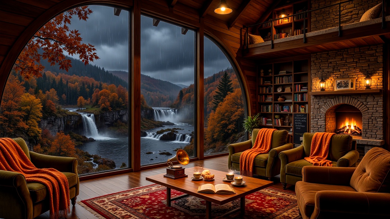 rainyjazznook,  - Main Subject: A high-ceilinged timber lodge featuring a stone-clad fireplace,  a mezzanine sleeping loft...