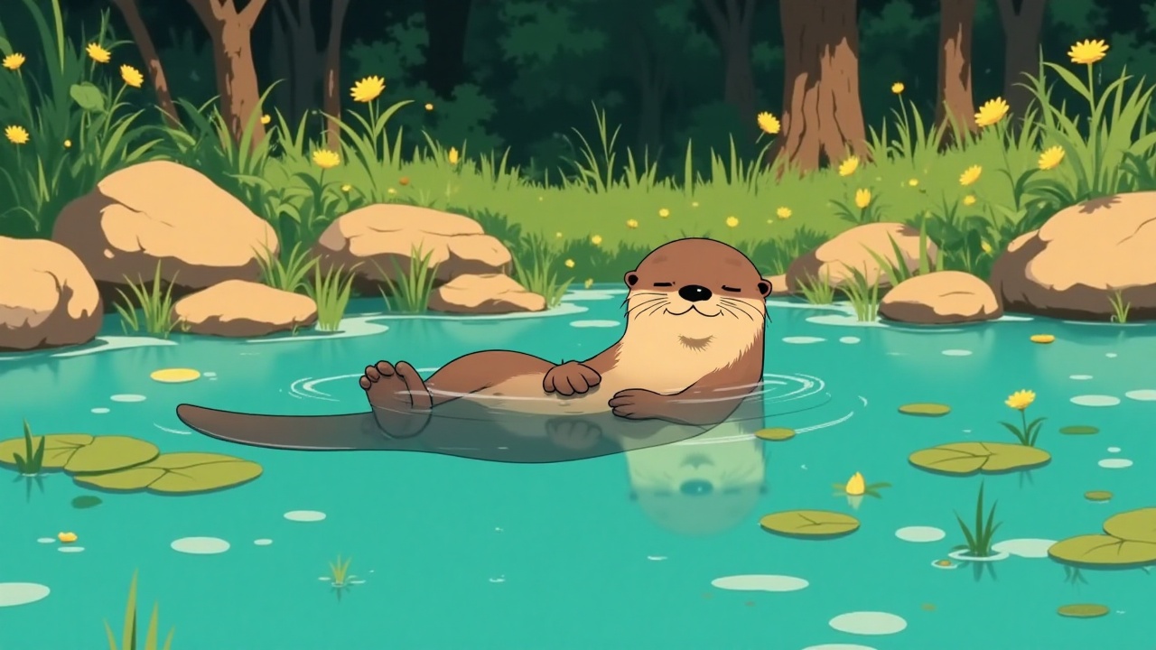 otterlofi,  - Main Subject: A small brown otter floating supine with eyes closed and a content smile. Features a cream-col...