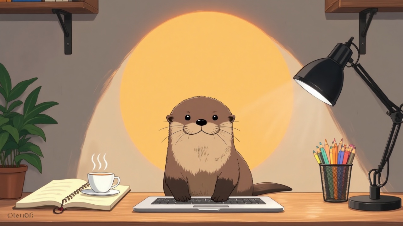 otterlofi,  - Main Subject: A cute,  round-faced otter with short brown fur and expressive black eyes. It sits upright on...