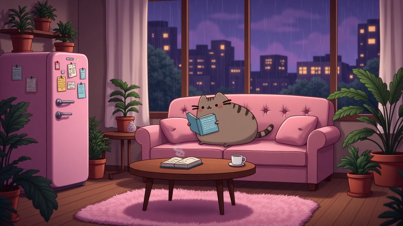 pusheencatlofi,  - Main Subject: Pusheen,  a plump gray tabby cat with dark stripes on Tensor.Art