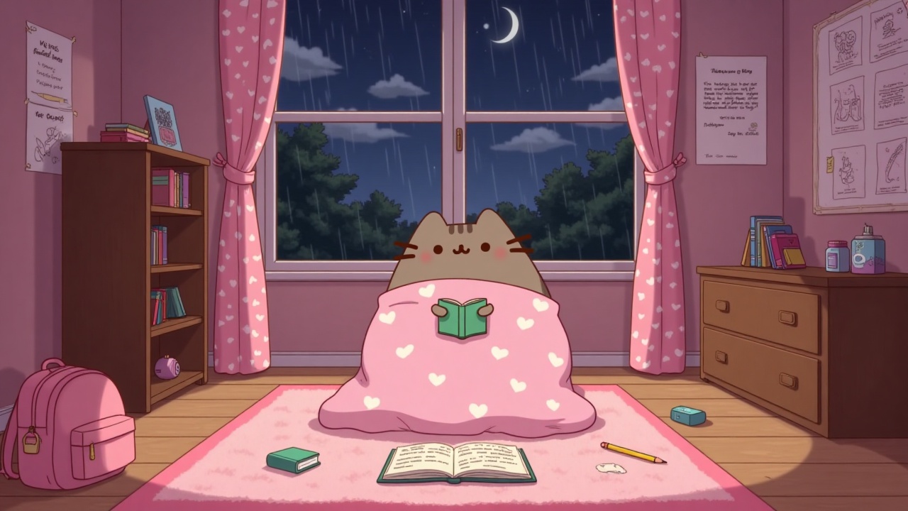 pusheencatlofi,  - Main Subject: Pusheen,  a chubby gray tabby cat with minimalist features on Tensor.Art