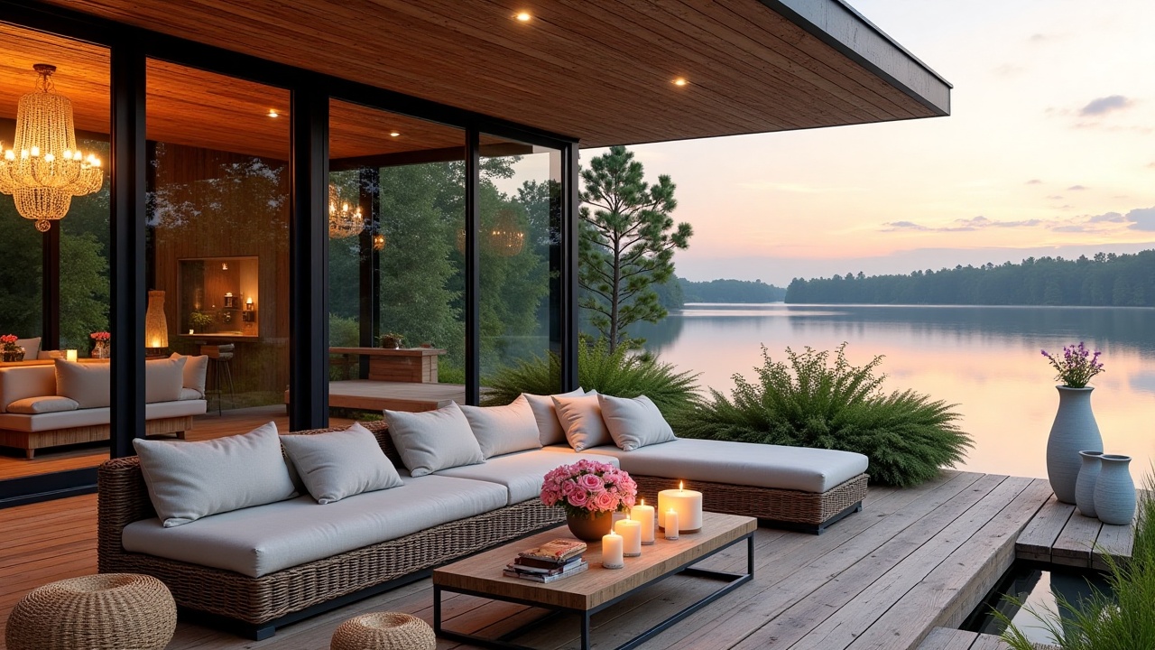 tranquiljazz,  - Main Subject: Contemporary glass-walled cabin with cantilevered cedar-slat ceilings and matte black frame...