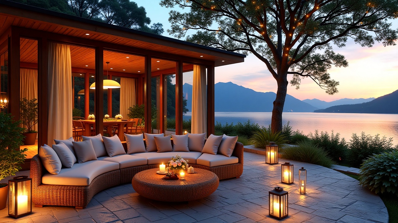 tranquiljazz,  - Main Subject: A sophisticated wooden pavilion with expansive glass walls,  draped curtains on Tensor.Art
