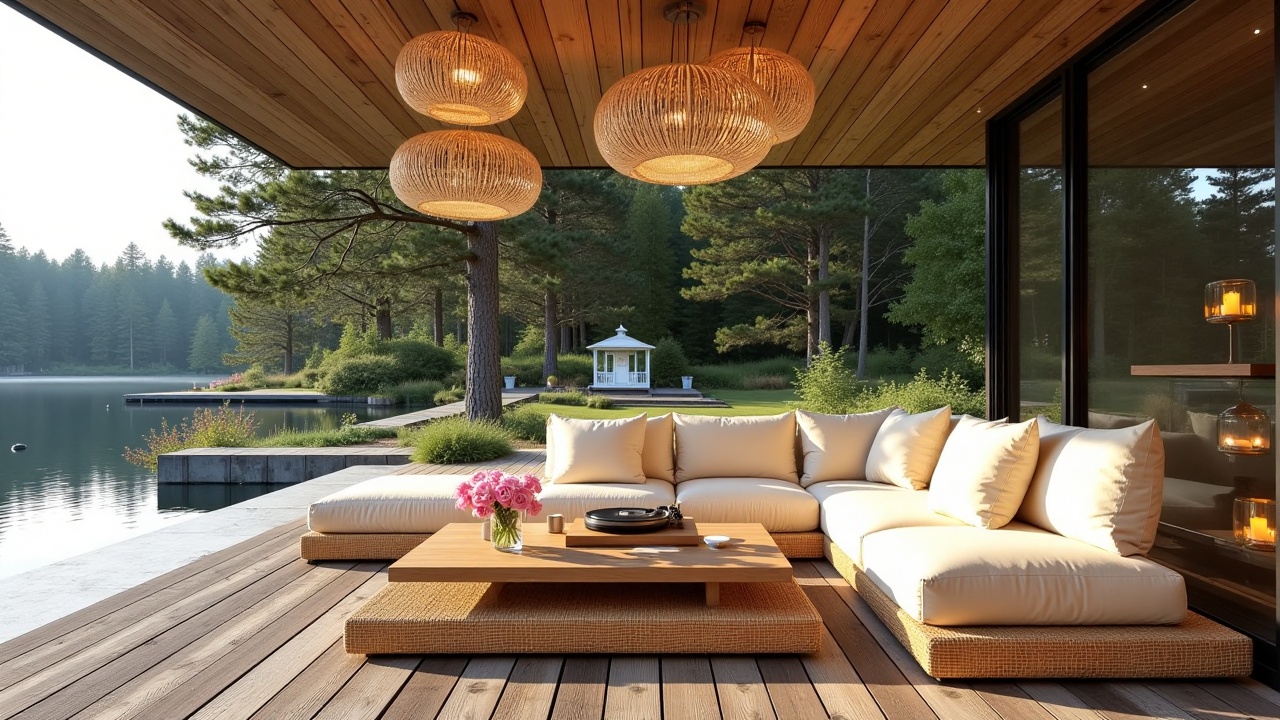 tranquiljazz,  - Main Subject: Cream-colored modular sectional with plush cushions on woven rattan bases. Low-profile oak...