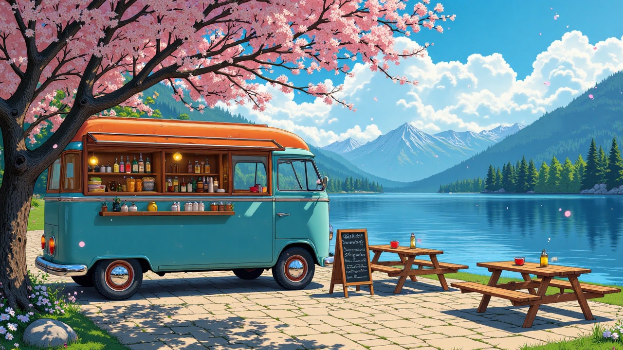 littleloficutespring,  - Main Subject: Vintage 1960s-style van in powder blue with an orange roof. Interior features organ...