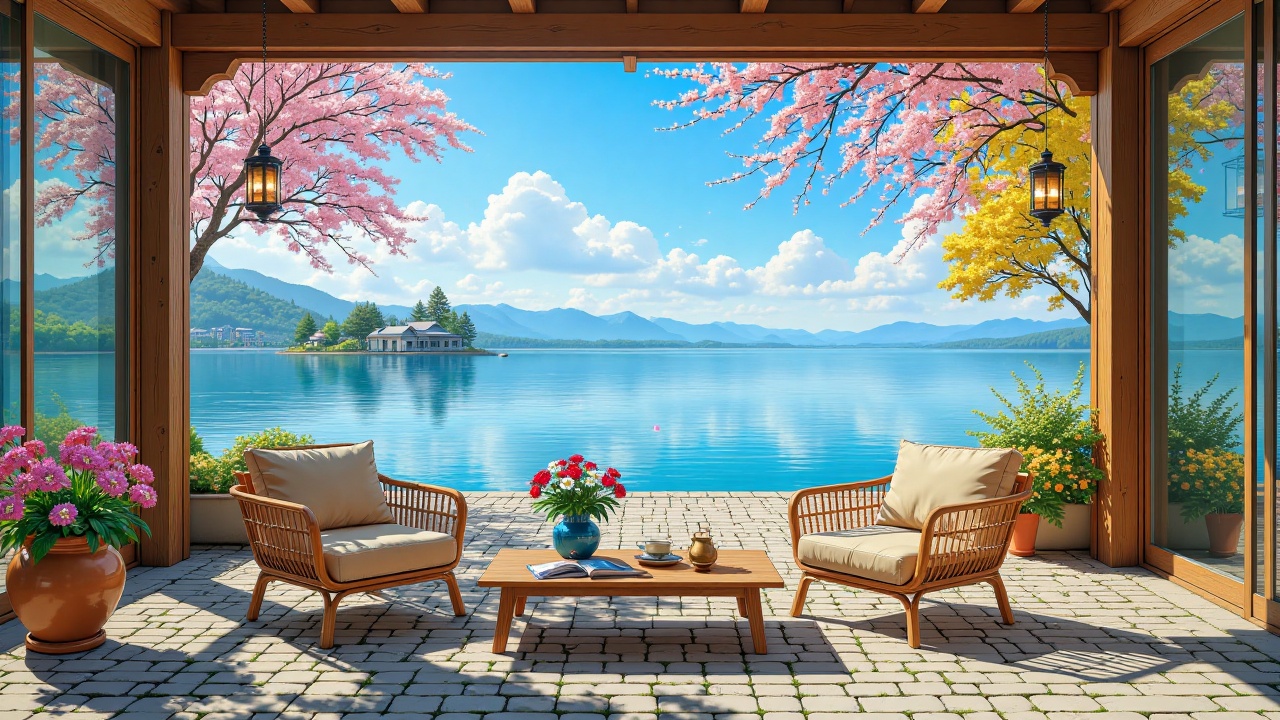 littleloficutespring,  - Main Subject: Pair of curved rattan armchairs with plush beige cushions facing a low wooden coffe...