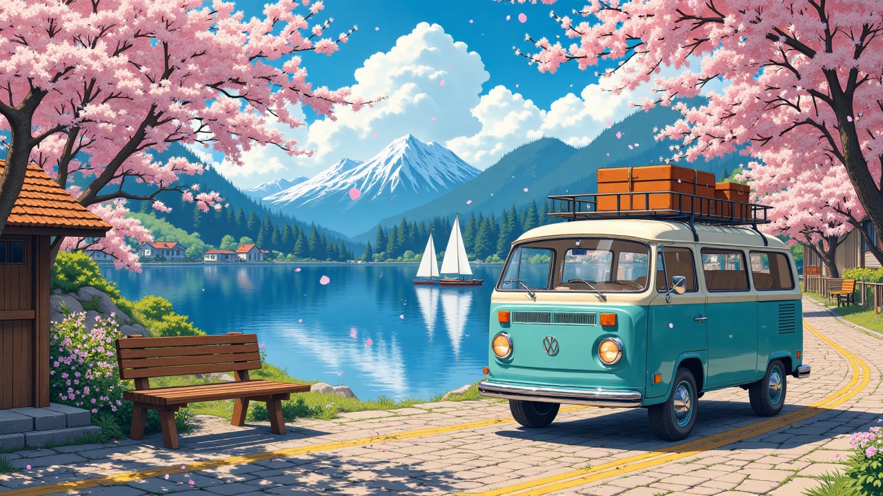 littleloficutespring,  A serene lakeside village scene featuring a vintage teal van parked amidst blooming cherry blossoms...