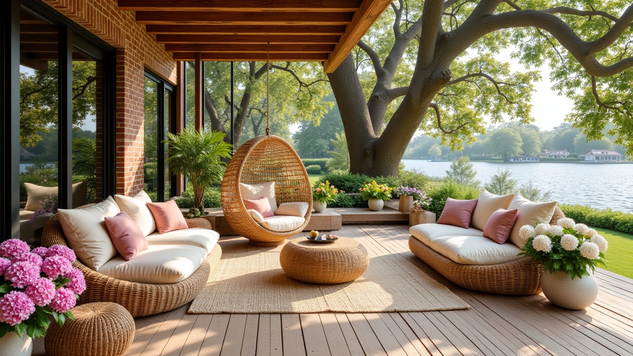 tranquiljazz,  - Main Subject: Artisanal wicker seating suite with cream linen upholstery and dusty rose accent pillows. A...