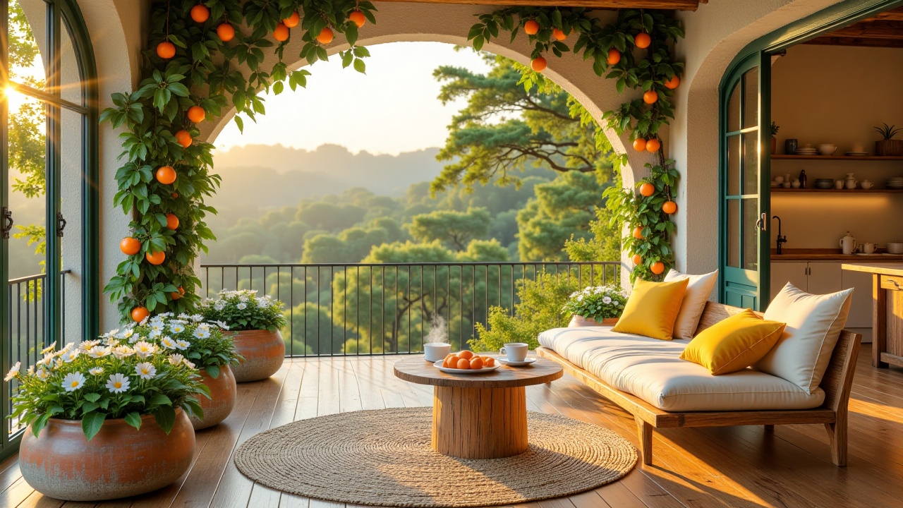 tranquiljazz,  - Main Subject: Minimalist wooden daybed with cream fabric upholstery and saffron-yellow accent pillows. A...