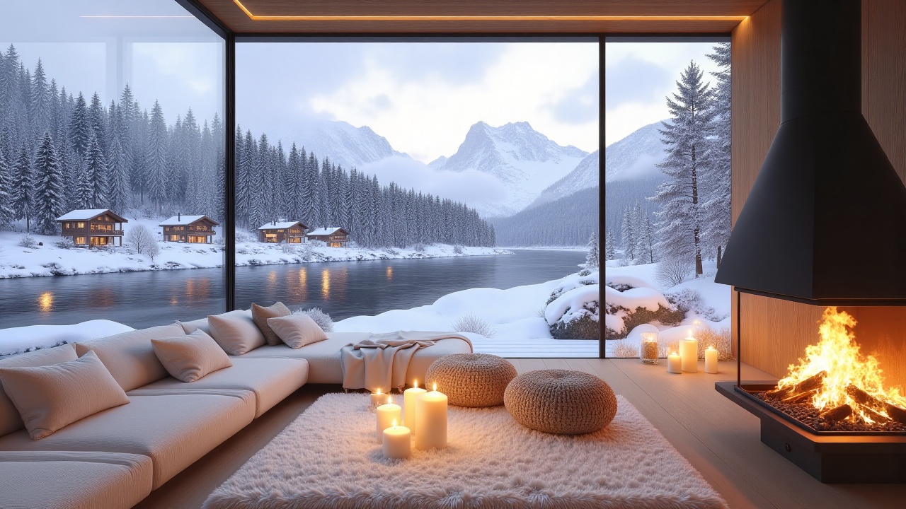 WinterCozyWood,  - Main Subject: Ultra-modern minimalist cabin interior with seamless glass walls. Features low-profile mo...