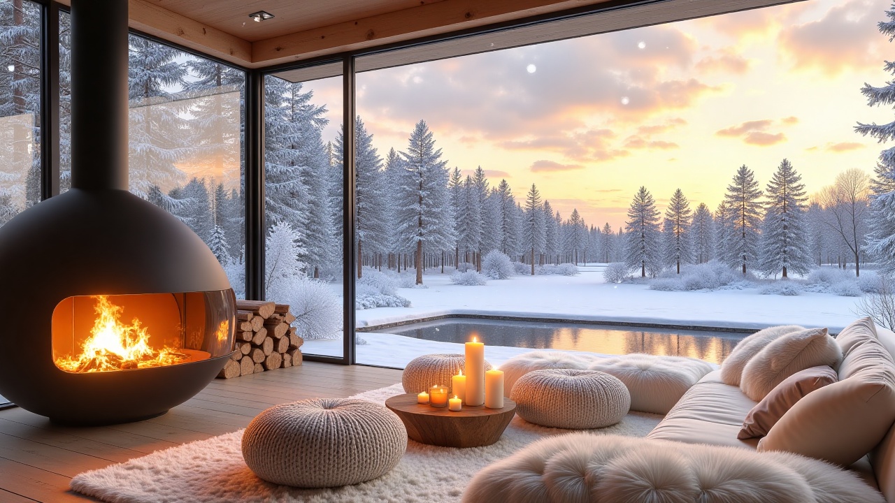 WinterCozyWood,  - Main Subject: Modern architectural lounge featuring floor-to-ceiling glass. Includes a sleek,  black sp...