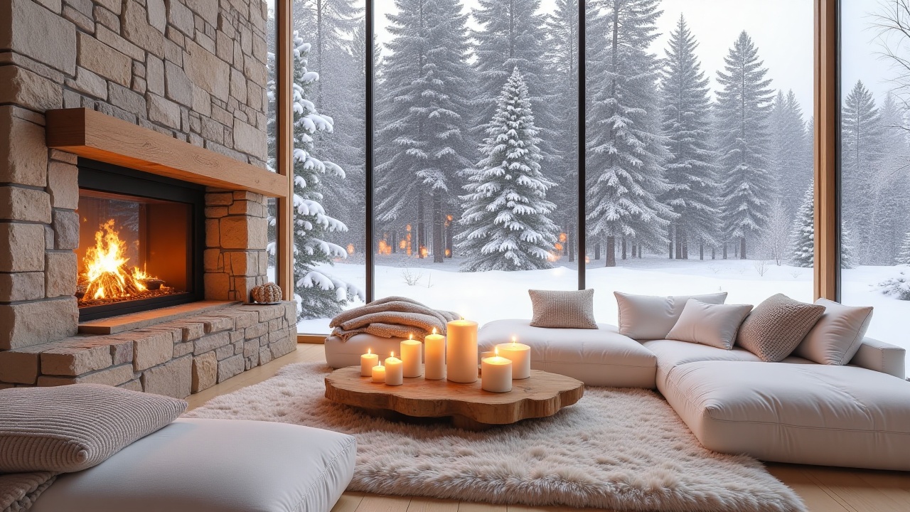 WinterCozyWood,  - Main Subject: A floor-to-ceiling rustic stone fireplace with a heavy timber mantle. Inside,  a glowing...