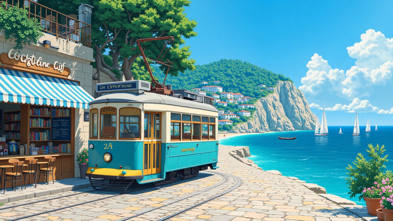 littleloficutesummer,  A high-fidelity coastal scene featuring a vintage tram and a seaside café,  rendered in a vibrant a...