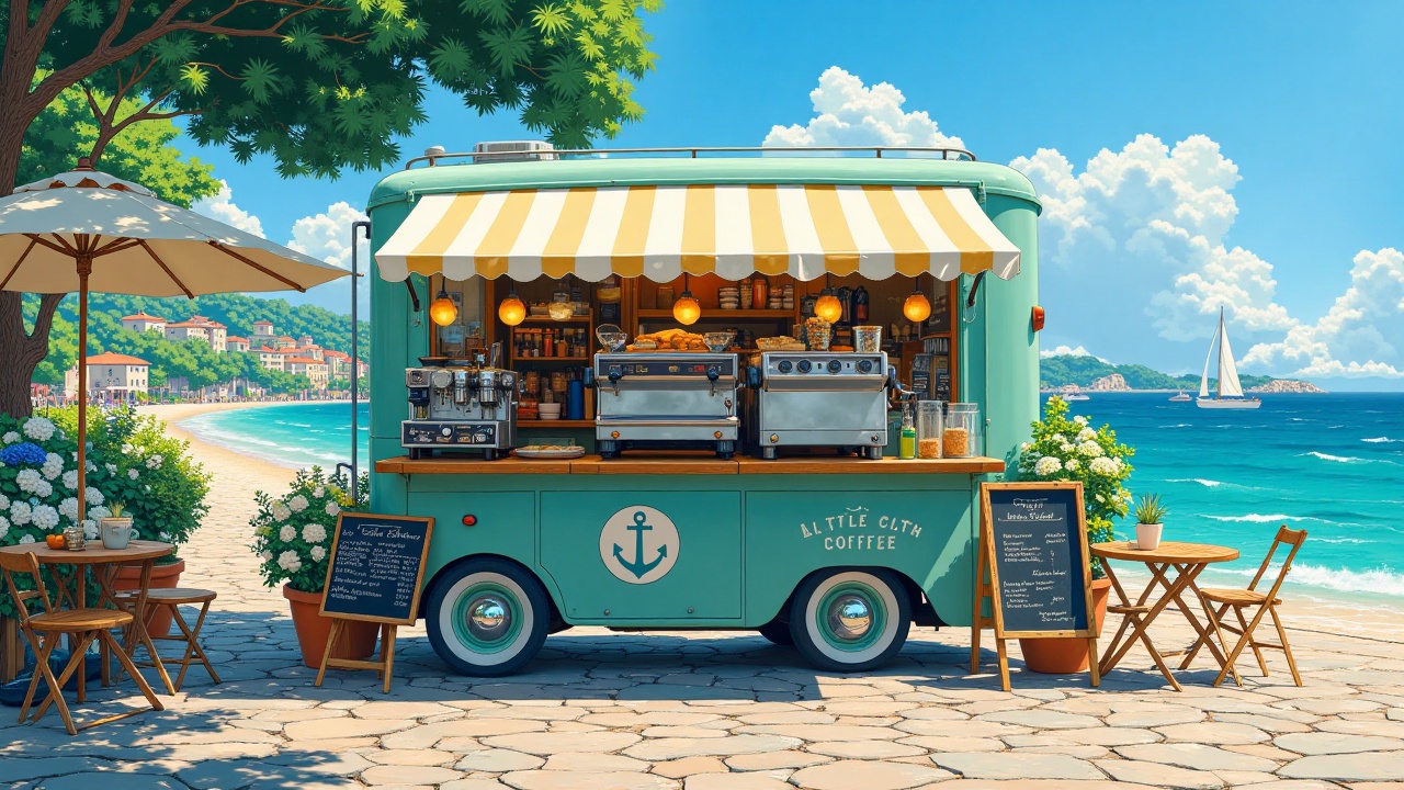 littleloficutesummer,  - Main Subject: Retro mint-green coffee truck "Little Coffee" with anchor insignia. Detailed interi...