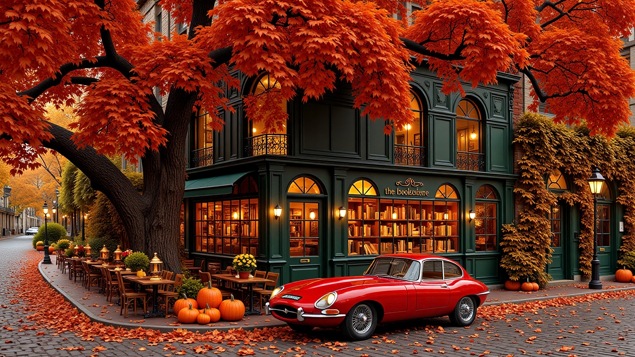 autumnstreetcafe129,  A static,  highly detailed autumnal street scene at dusk. A large tree with vibrant red-orange leave...
