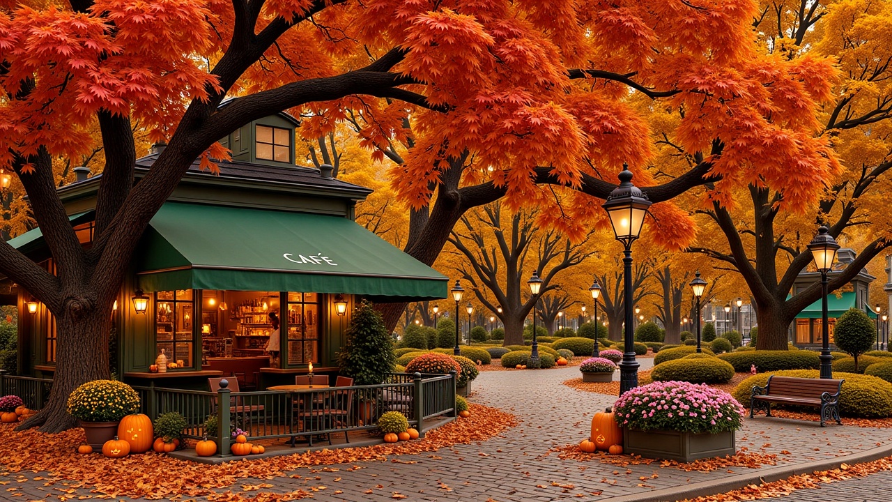 autumnstreetcafe129,  A cozy autumn street scene at dusk. The camera starts with a wide shot of a charming café with green...