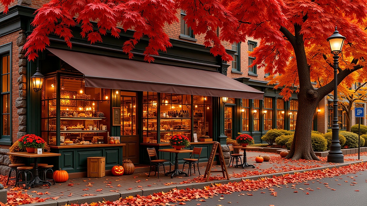 autumnstreetcafe129,  A cozy autumn street scene in front of a coffee shop. The street is lined with vibrant red and orang...