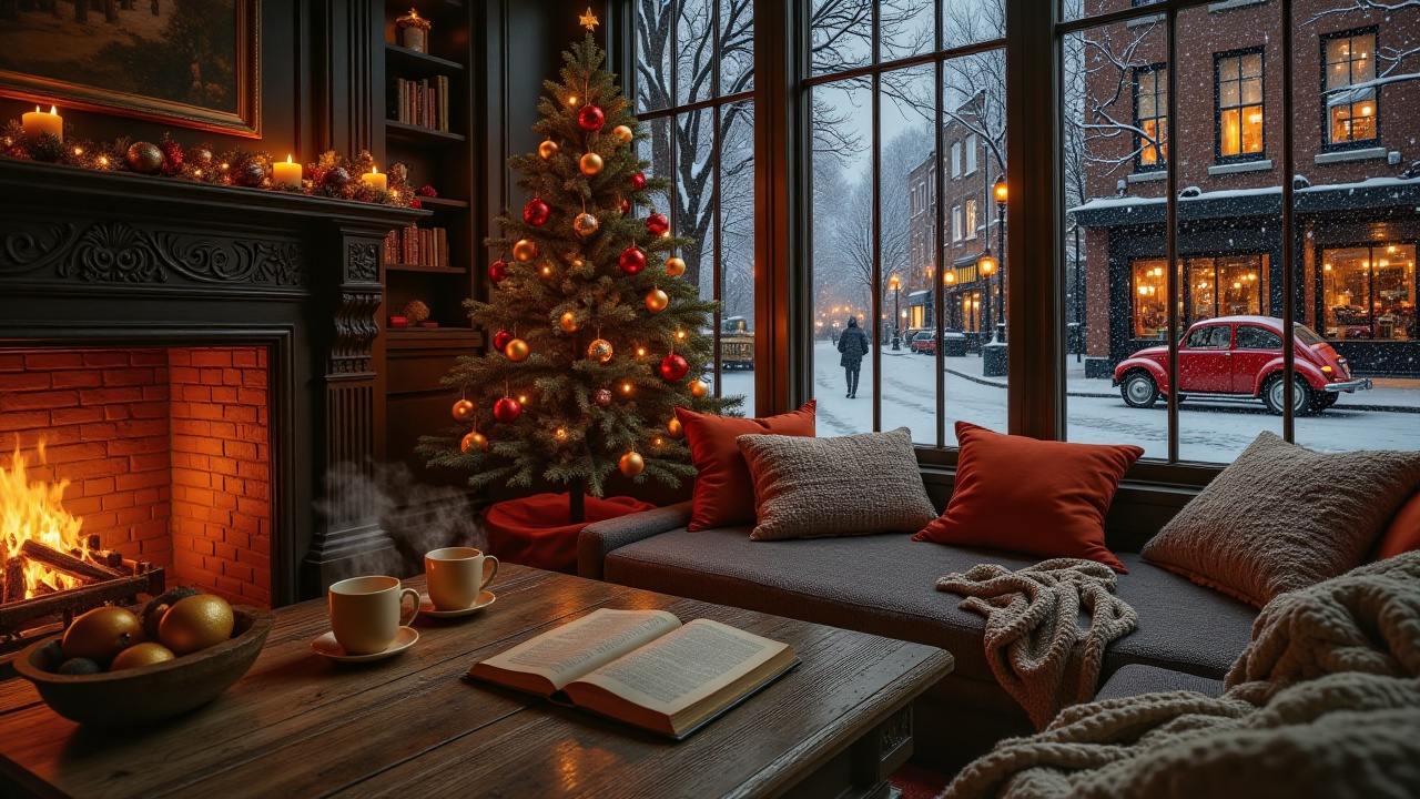 WinterFireWindow,  - Main Subject: Empty indoor nook with a dark-carved mantle fireplace and a glowing Christmas tree ador...