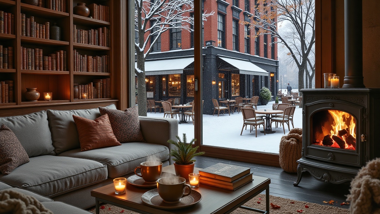 WinterFireWindow,  - Main Subject: A floor-to-ceiling built-in wooden bookcase filled with leather-bound books and ceramic...