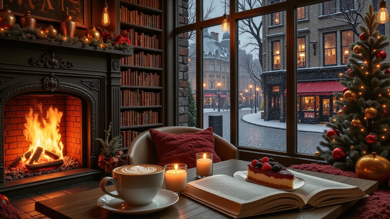 WinterFireWindow,  - Main Subject: A rustic red-brick fireplace with a roaring orange flame and glowing embers. Beside it,...