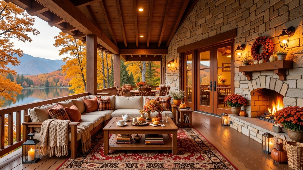 autumnforestporch,  A cozy wooden deck patio attached to a stone-clad cabin with exposed wooden beams,  featuring a large...
