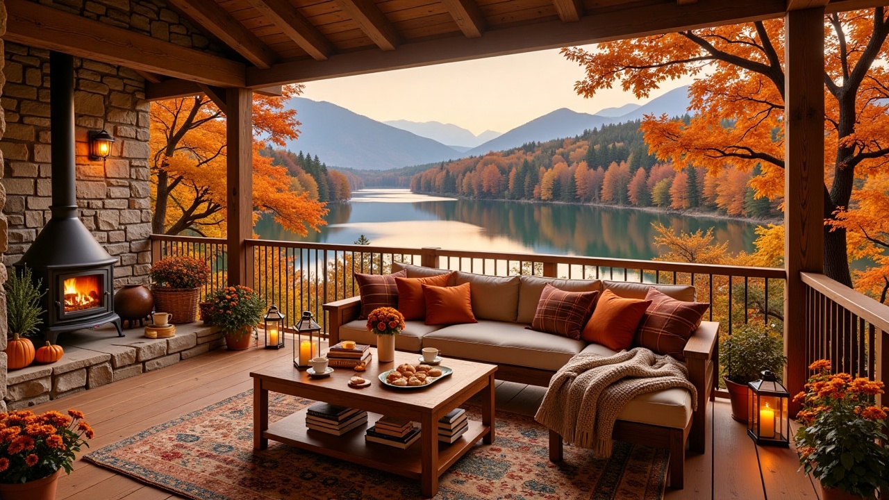 autumnforestporch,  A cozy wooden balcony overlooking a mountain lake at autumn dusk. The balcony has a stone pillar raili...