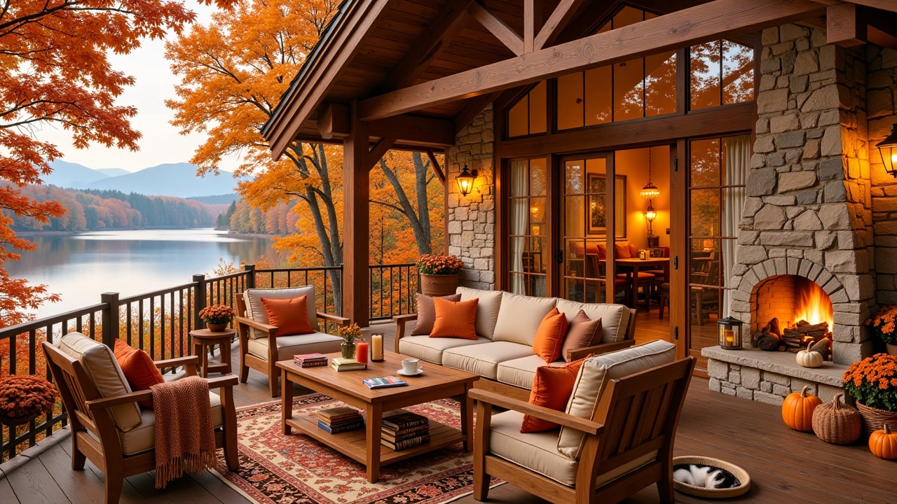 autumnforestporch,  A cozy wooden cabin deck overlooking a calm lake surrounded by autumn trees with fiery orange and red...