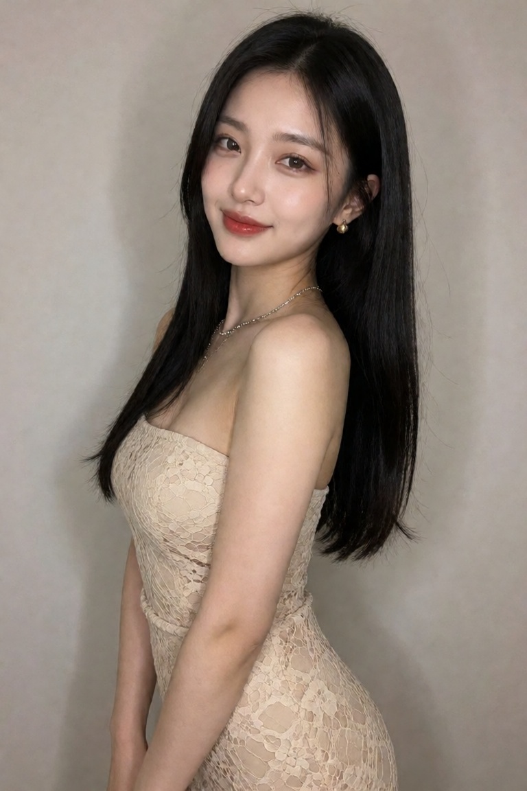 this photograph features a young asian woman with fair skin and long,  straight black hair,  she is posing sideways on Ten...