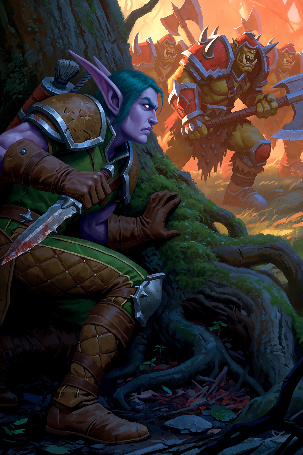 A cinematic medium shot shows a male Night Elf rogue in the foreground,  crouching behind a massive moss-covered tree root...