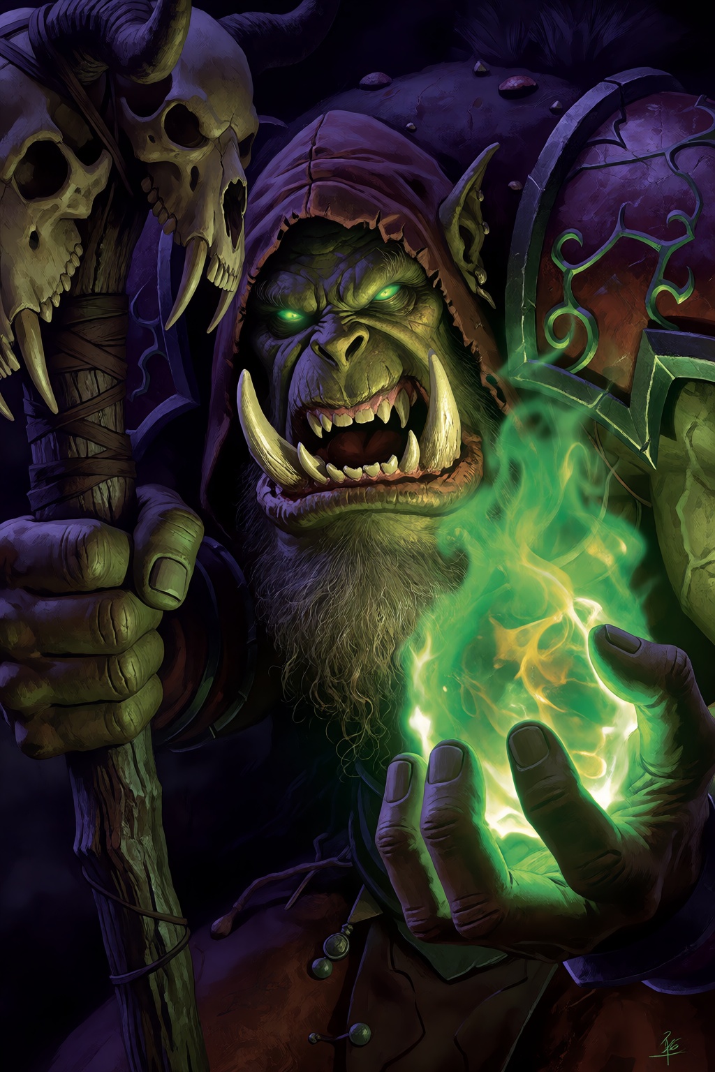 An Orc warlock is depicted in a close-up portrait,  positioned centrally and viewed from a slightly low angle that emphasi...
