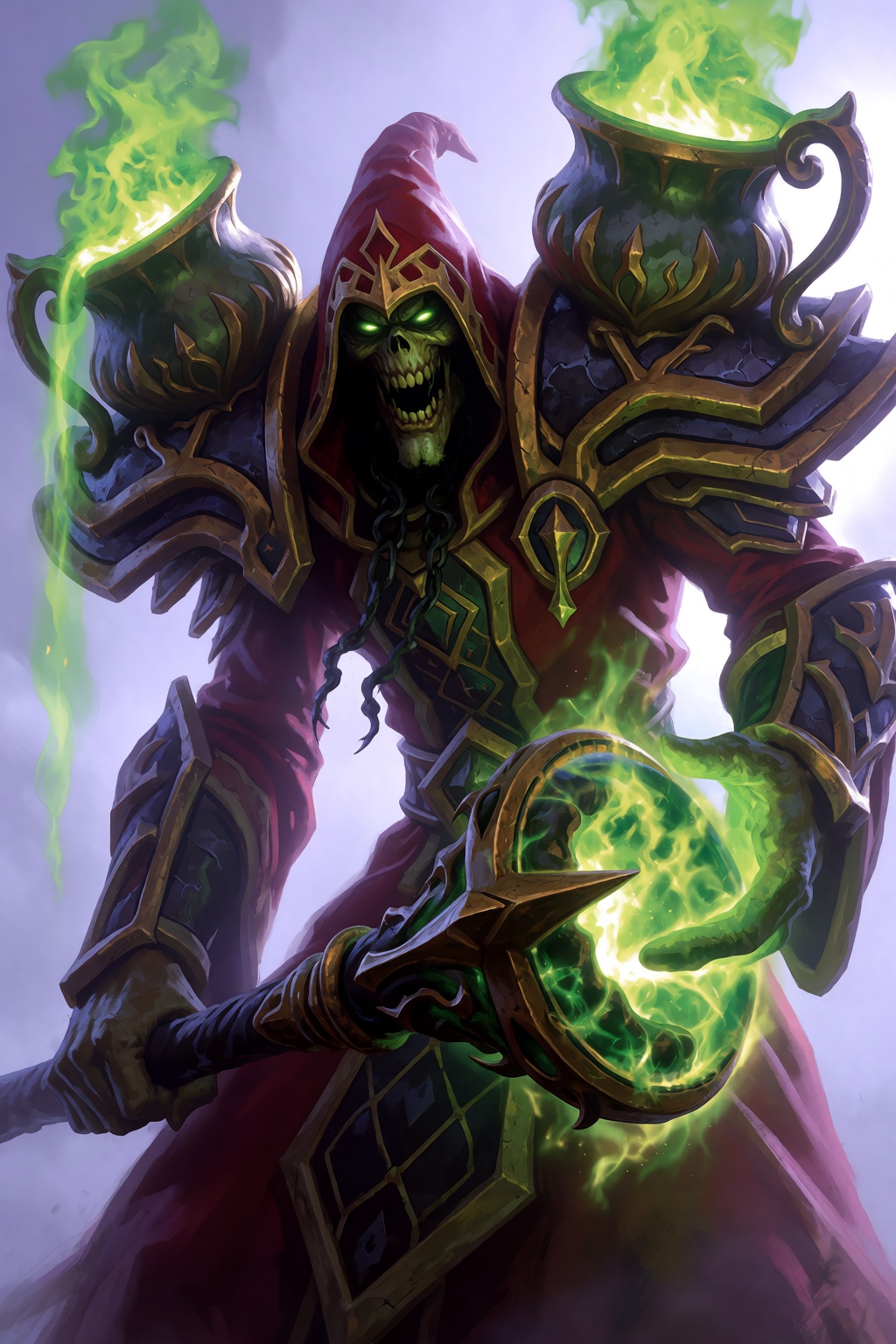 wowstyle,  A cinematic medium shot of a an undead mage from World of Warcraft in an ornate robe and heavy,  ornate shoulde...