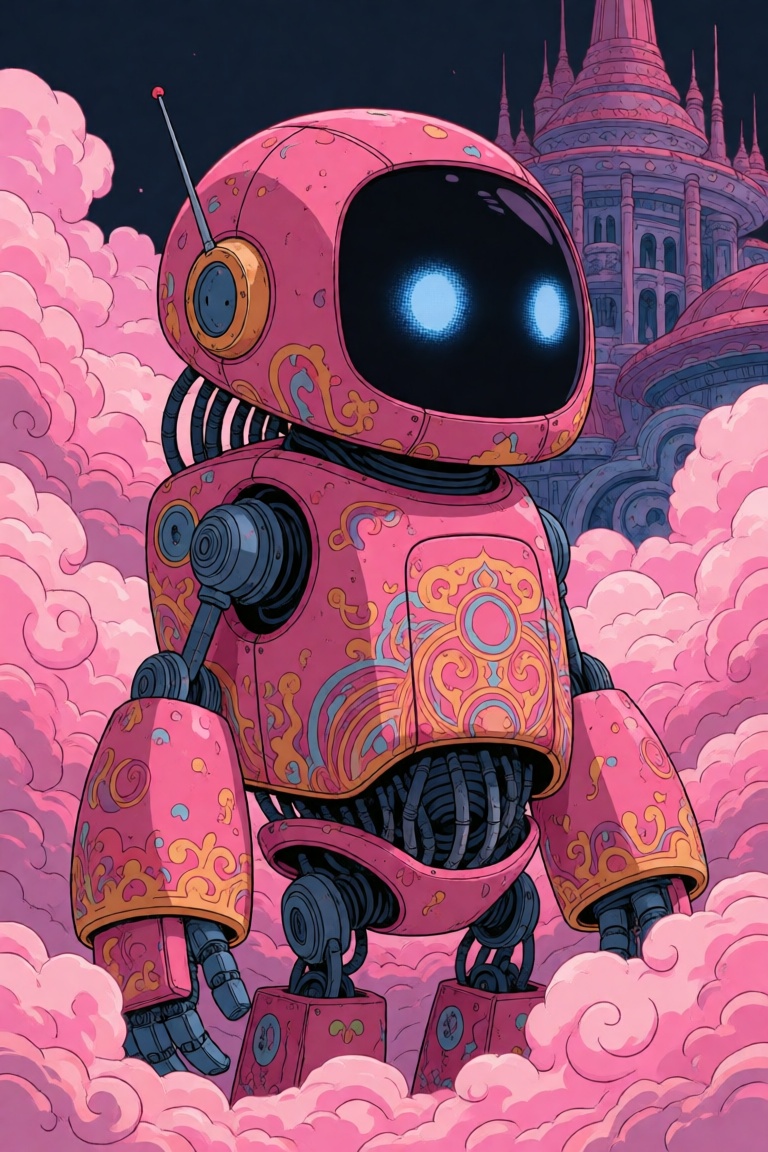 a pink robot with intricate designs and mechanical parts stands amidst swirling pink clouds,  its body is adorned with orn...