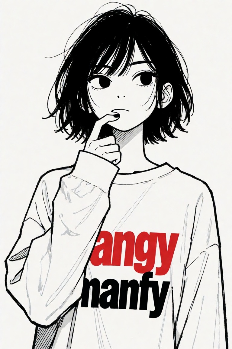this is a digital black-and-white manga-style illustration of a young woman with short,  messy black hair and large,  expr...