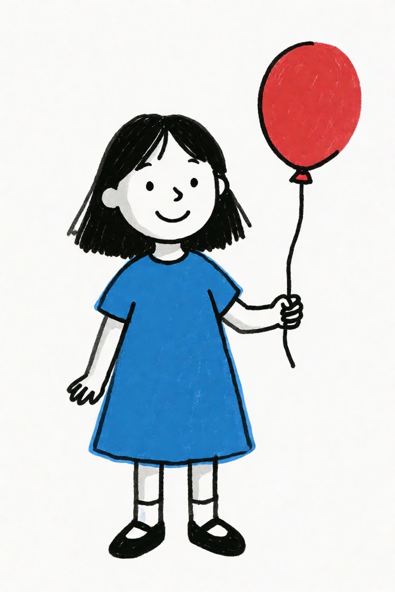 this is a digital drawing in a simple,  cartoon style,  the image features a young girl with shoulder-length black hair on...