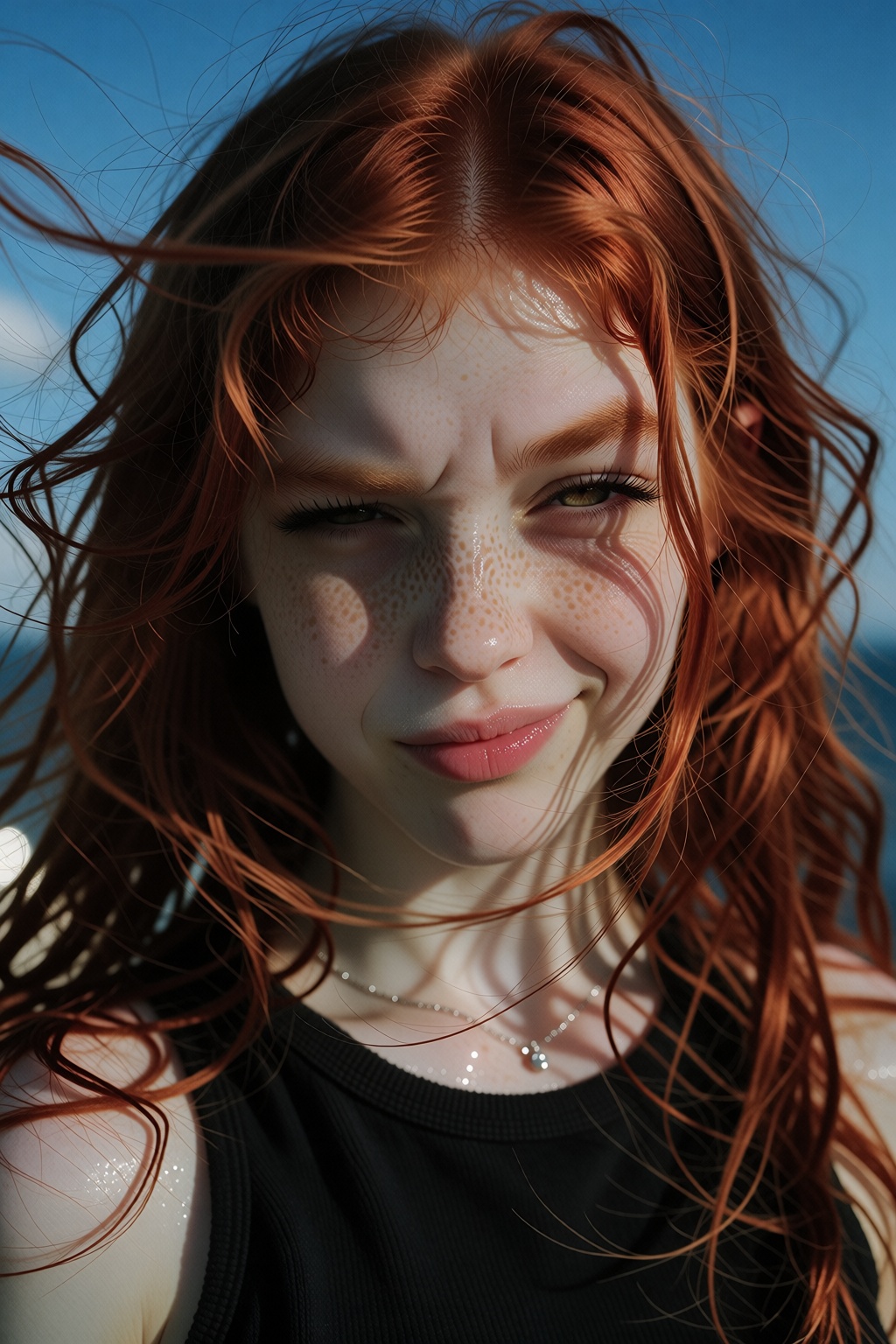 Close-up portrait of a 20 years old young girl with very long crimson hair blowing strongly across her freckled face. She...
