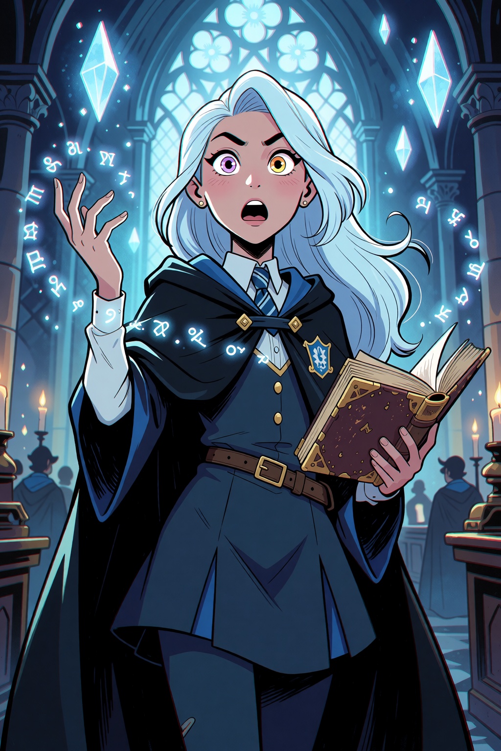 Ivy Ink Style. Full-body view of a young fantasy student with long pale blue hair and heterochromia,  one lavender eye and...