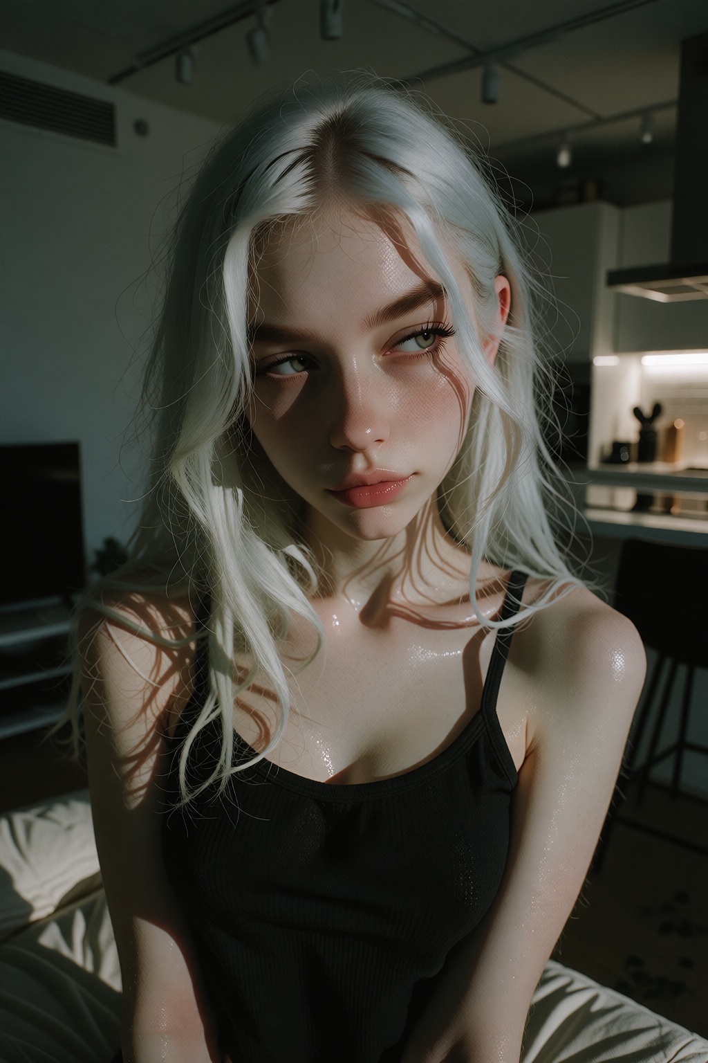 IvyFilmStyle. Dim light. barely enlight scene. A closeup shot photo of a 20 years old woman with long messy platinum hair...