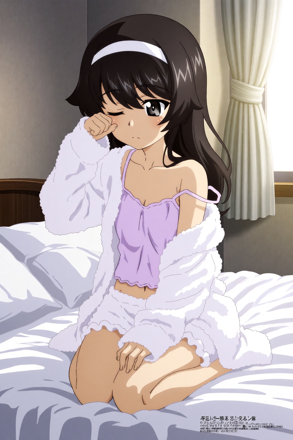 Anime illustration of Mako Reizei from the Girls und Panzer franchise kneeling on a white unmade bed. The camera is positi...