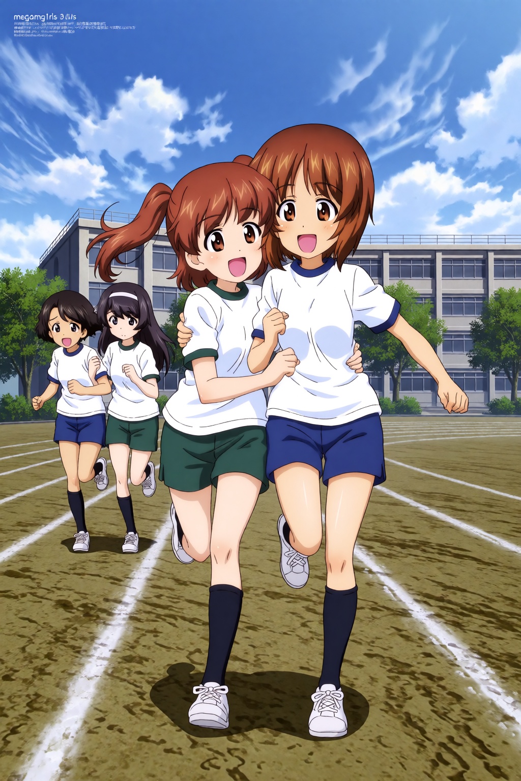 MEGAMg1rls,  A low-angle full shot with wide-angle lens distortion depicts a three-legged race taking place on a dirt scho...
