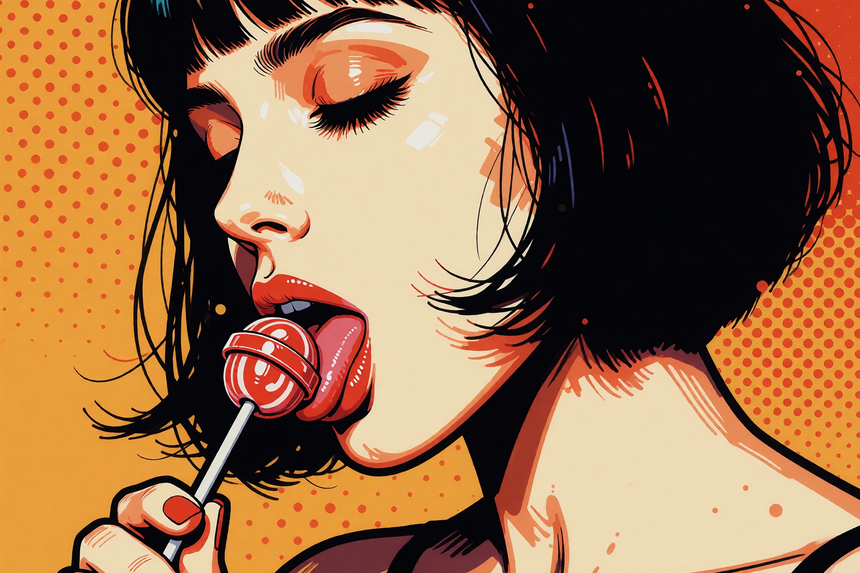 The image presents a stylized illustration of a woman savoring a lollipop,  characterized by bold lines,  vibrant colors o...