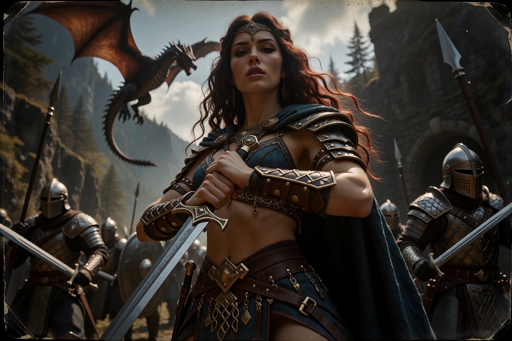 Generate an analogue photograph of a fantasy warrior woman,  inspired by the dark fantasy and medieval eras. Era: The imag...