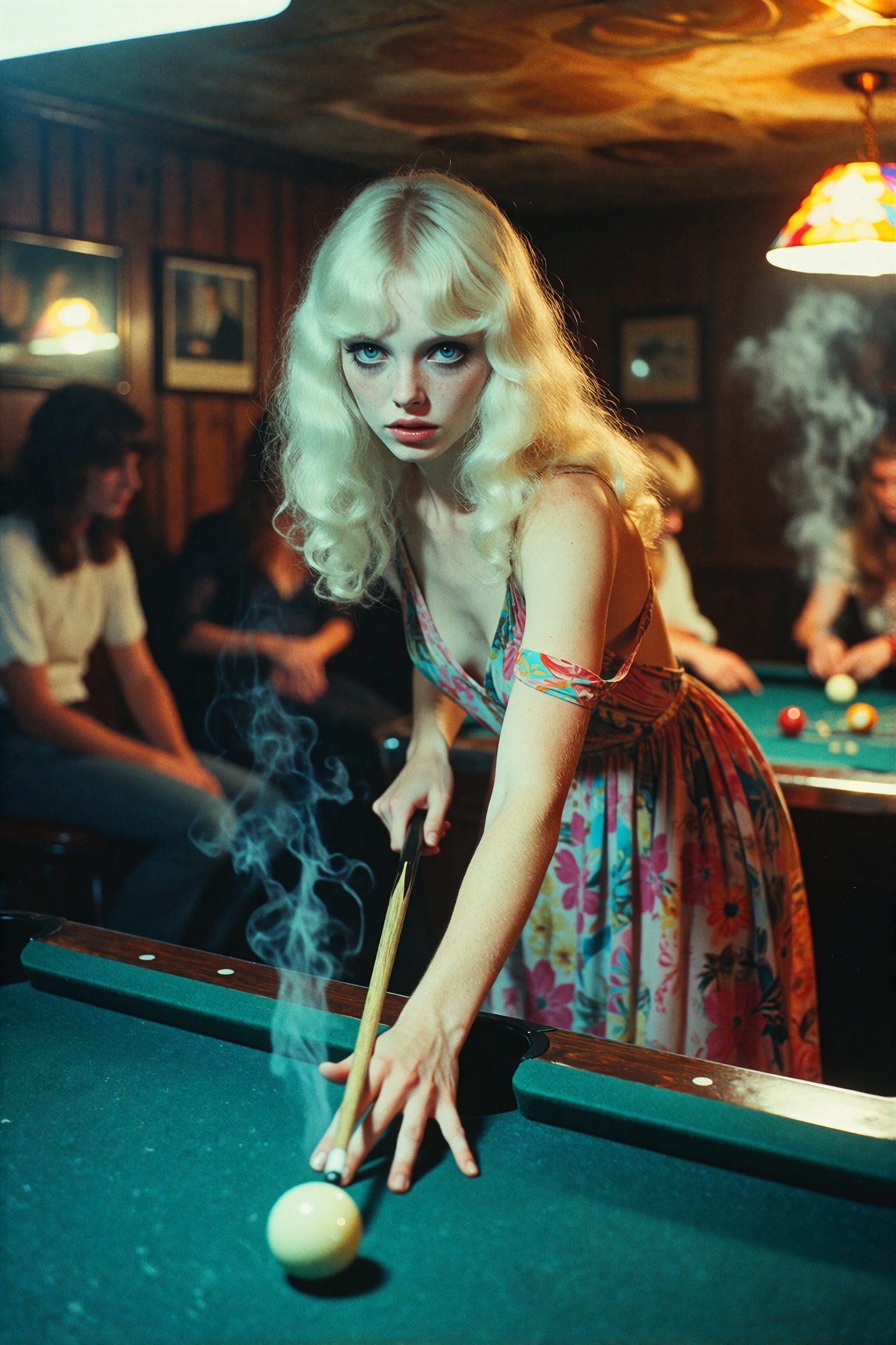 Create an image of a young woman playing pool in a dimly lit bar,  circa 1980s. The woman,  with a hauntingly beautiful an...