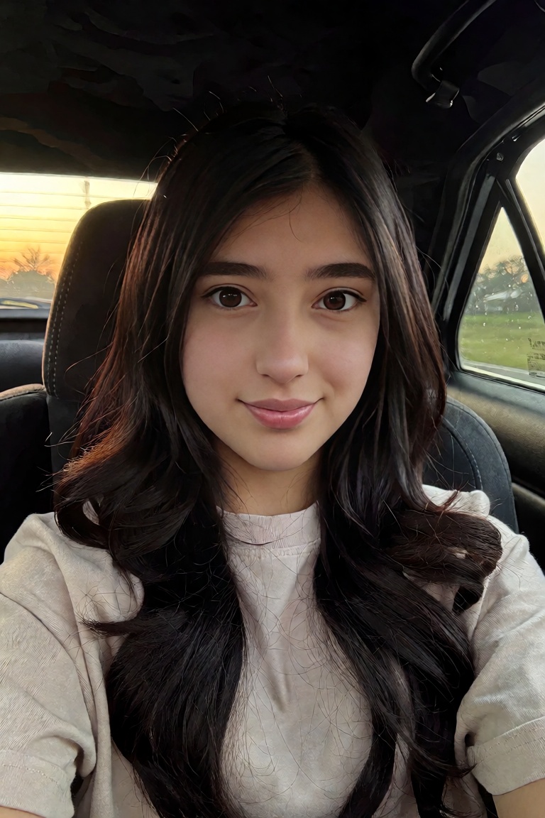 Create an image where a person sits in the backseat of a car,  wearing a light-colored t-shirt and having long,  dark hair...