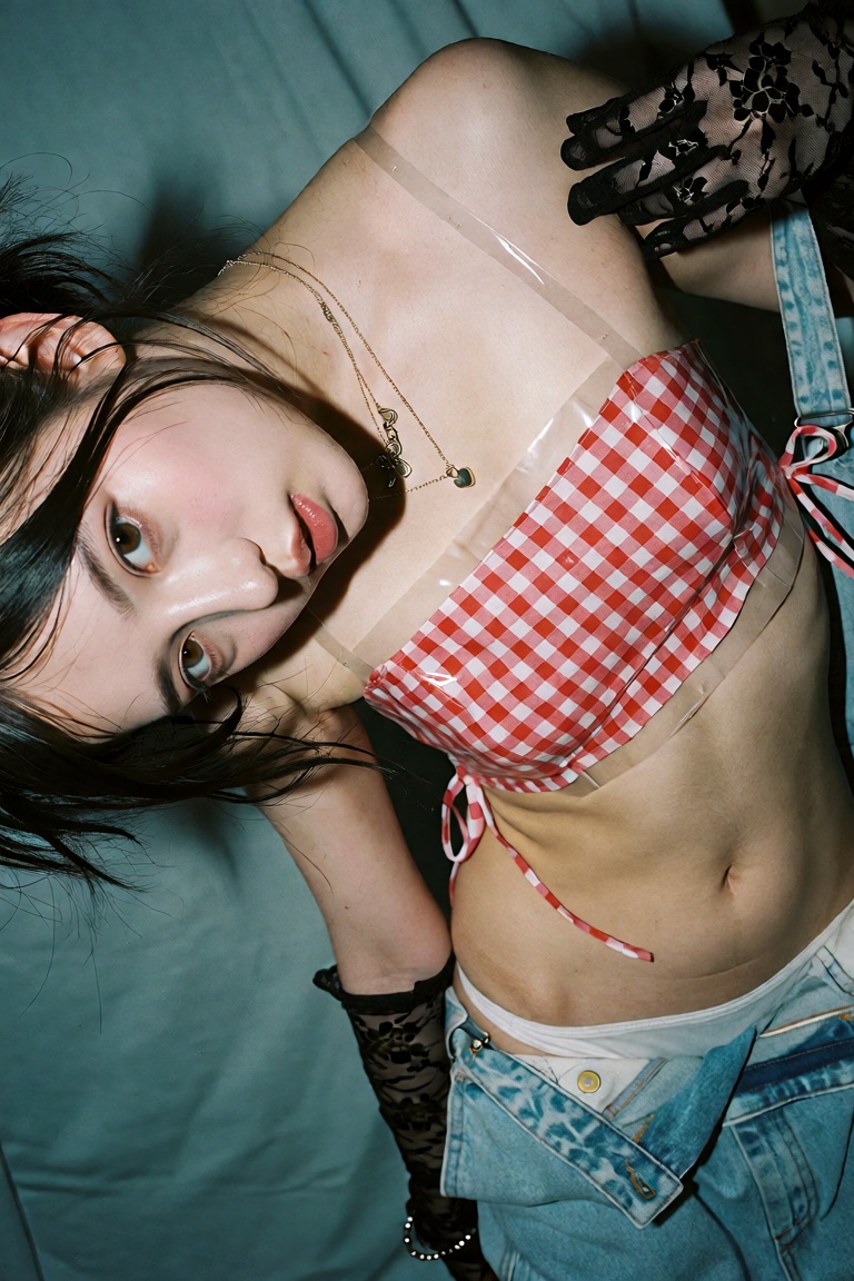A close-range flash-fashion portrait,  with the subject’s body cutting diagonally across the frame. Her face is positioned...