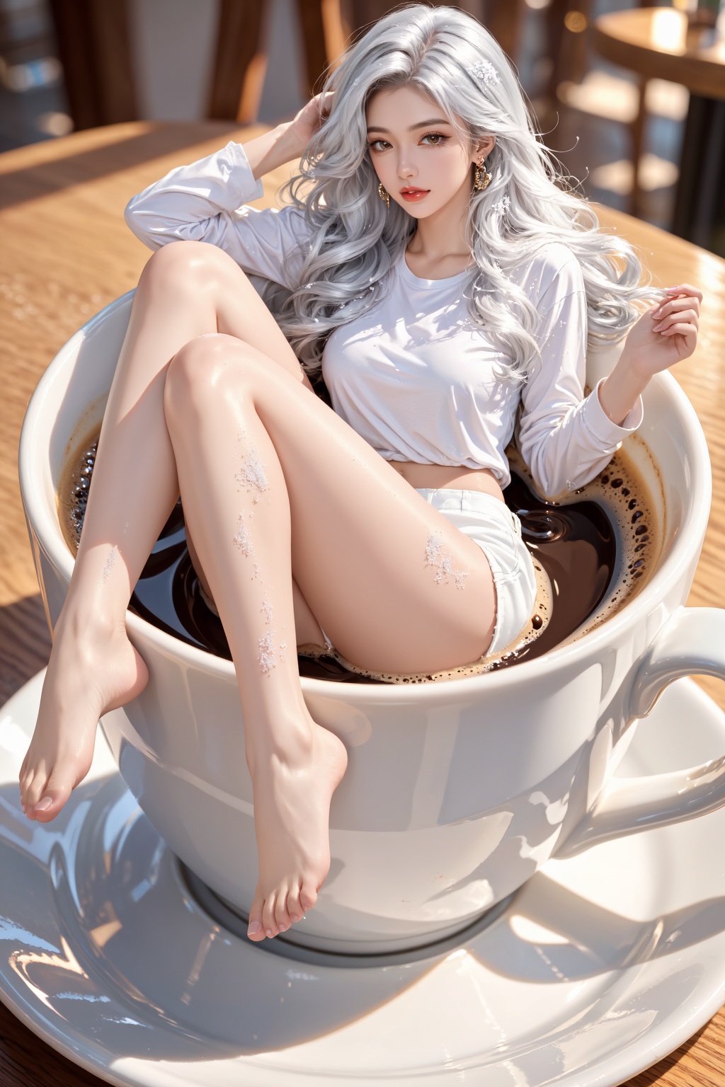 Score_9,  Close-up: A sexy beauty is sitting in a huge coffee cup,  bathing in a huge coffee cup filled with coffee. The h...