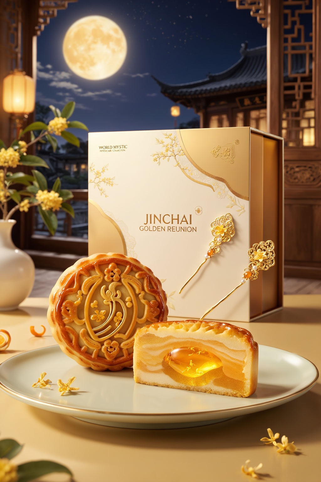 Exceptional quality,  ultra-premium luxury Mid-Autumn Festival mooncake product photography,  sophisticated Chinese aesthe...