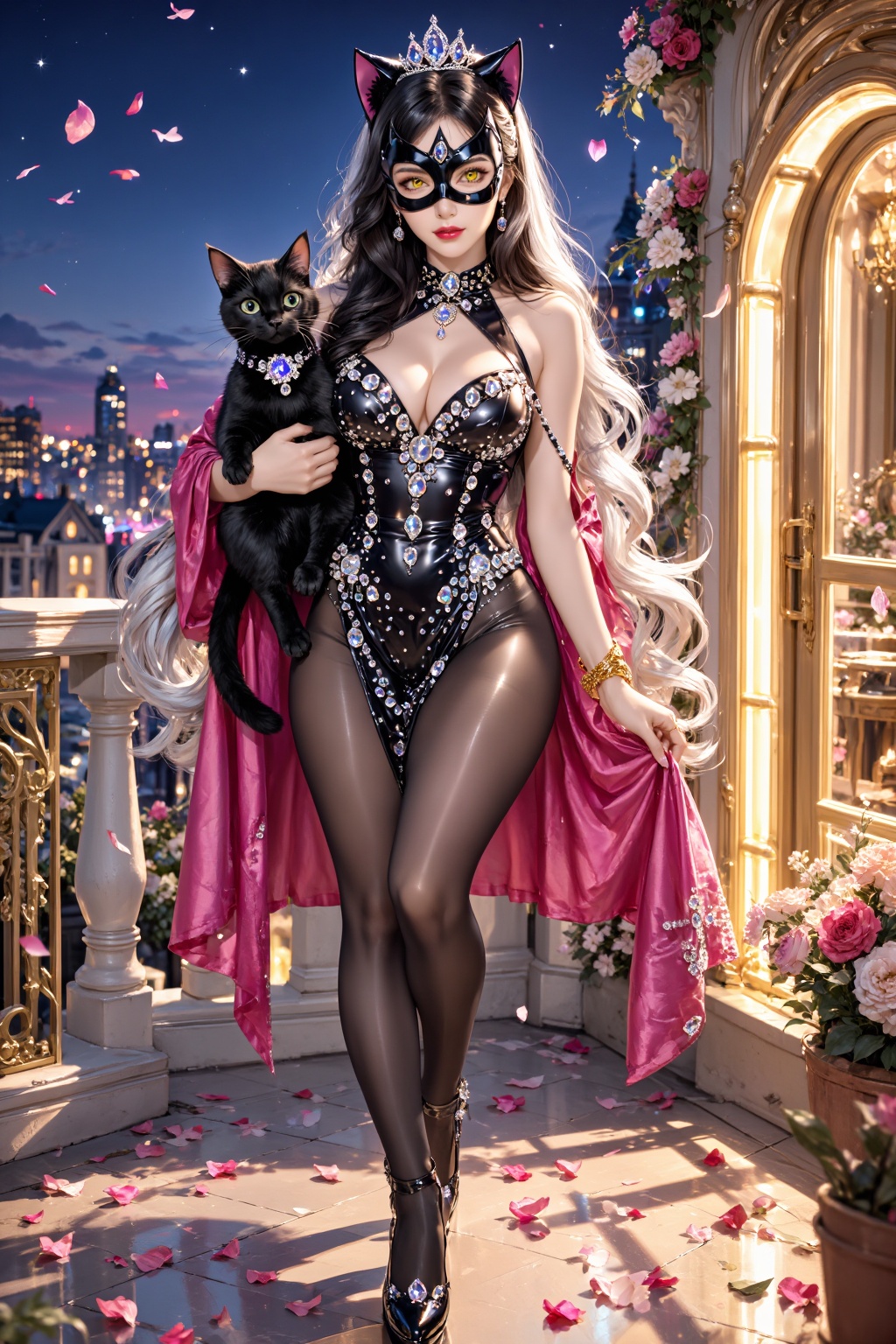 Score_9,  A beautiful woman wearing a Catwoman costume is holding a cute black cat (the black cat has bright eyes,  like a...