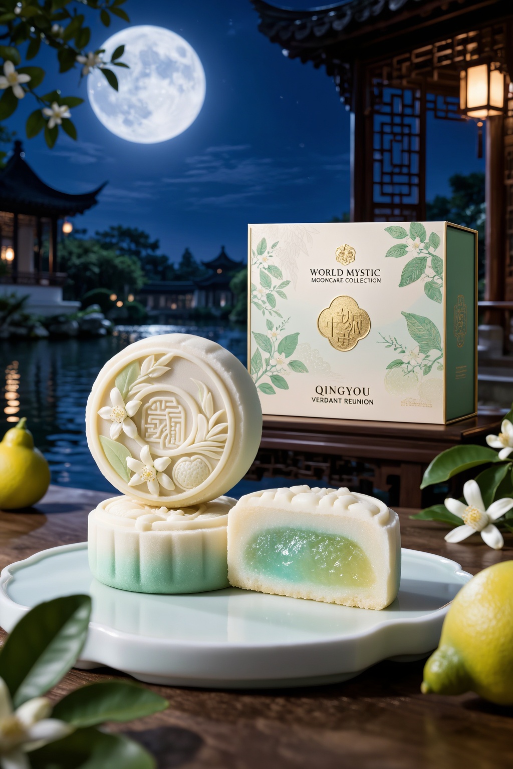 Exceptional quality,  ultra-premium luxury Mid-Autumn Festival mooncake product photography,  sophisticated Chinese aesthe...