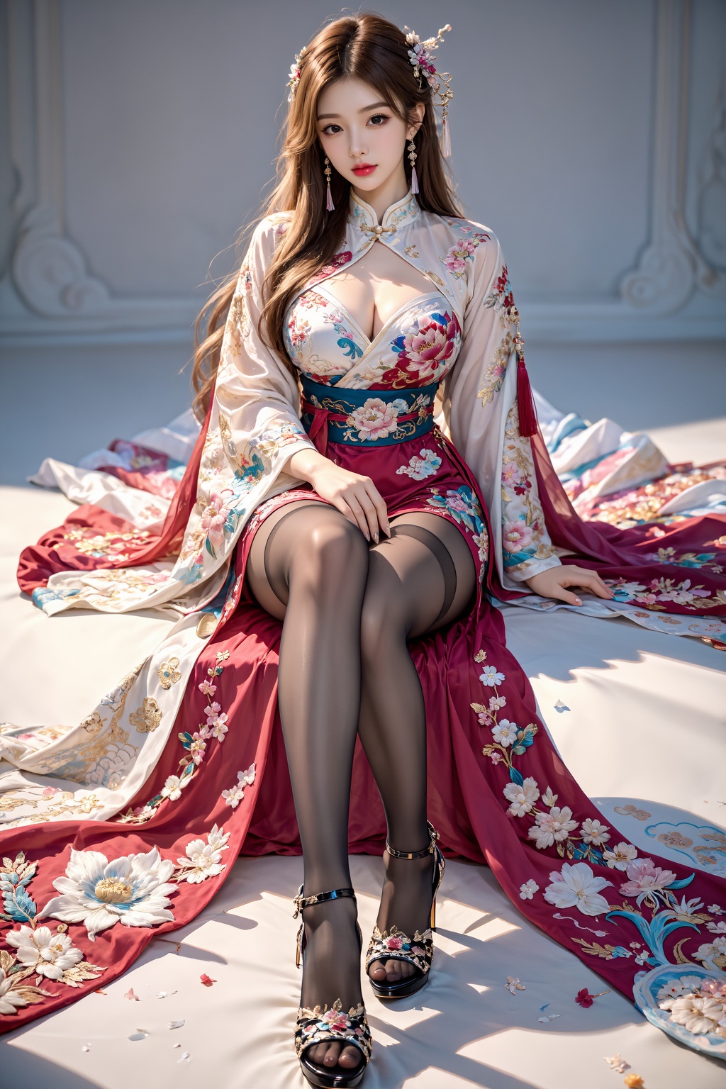 A girl,  facing the audience,  sits cross-legged on Tensor.Art